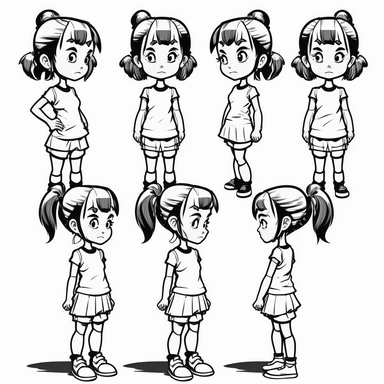 clipart, black and white, sprite sheet, 10 year old cute girl, 8 poses, pose 1, forward, pose 2 backward, pose 3 facing right, pose 4 facing left, pose 5 face forward looking down, pose 6 facing forward looking left, pose 7 facing forward looking right, pose 8 facing forward looking up, print quality