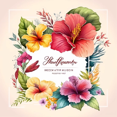 summer Illustrations, hibiscus flower, flower frame ,graphics, Cheerful Colors, Hand-Drawn Art, Botanical Clipart, Watercolor Elements, 8k