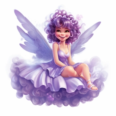 a beautiful smiling fairy sitting on a cloud, purple dress, big wings, full body image, pixar style, clipart, white background
