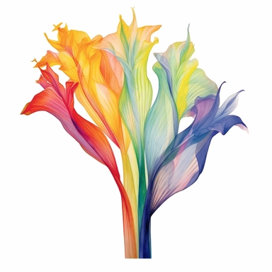 Design a dreamy watercolor clipart of a Bouquet of fan-shaped flowers such as bird of paradise, gladiolus, and anthuriums arranged in a striking and artistic arrangement composition, hand-painted with soft and graceful brushstrokes. Draw inspiration from