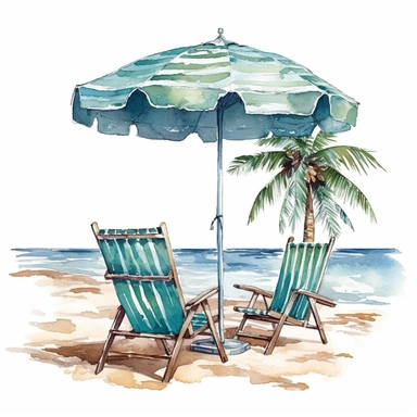 beach chair on the beach, next to beach umbrella, leaning coconut trees, beautiful beach background, watercolor styles, high quality, solated on Sublimation Clipart,hyper realistic, intricate detail, illustration style,high solution,on the white background