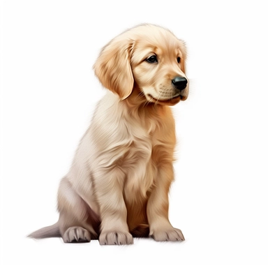 confused golden retriever puppy, digital painting and drawing, clipart, half body, hyper - realistic animal illustration, childlike, free brushwork, white background, side view