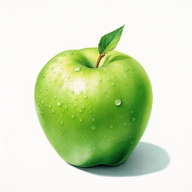 watercolor for a clipart with a white background of a hyperdetailed green apple, painted by Anne Dewailly