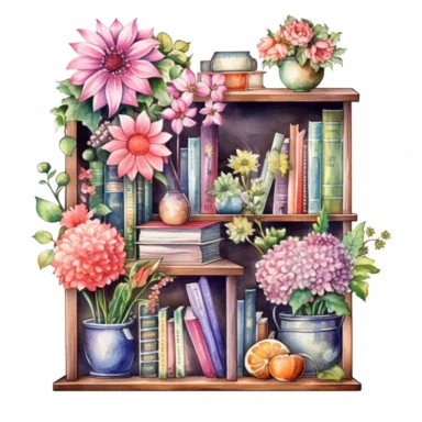 watercolor style, a bookshelf with multiple books, flowers and other decorations on it, realistic, delicate shades, clipart, isolated on white background, very detailed , Cartoon,hyper realistic, intricate detail, illustration style,high solution,on the white background
