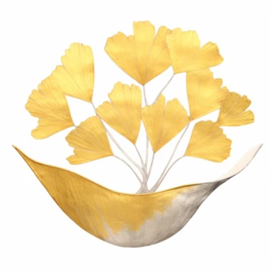 Design a dreamy watercolor clipart of a chinese bowl with Sprays of ginkgo leaves with golden hues arranged in a minimalist and modern design composition, hand-painted with soft and graceful brushstrokes. Draw inspiration from the artistic finesse of Ethereal Petals Watercolors for a refined and ethereal depiction. isolated on a white background, hand-drawn illustration, hand-painted watercolor texture, 16k UHD resolution, intricately detailed, sharp focal points, designed by Ana Victoria Calder