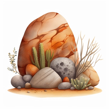 Watercolored pencil style illustration, a desert rock with natural decorations, brown orange beige grey, isolated on a white background, PNG file clipart style, Dennis Wojtkiewicz, Amanda Clark, Lowell Herrero,
