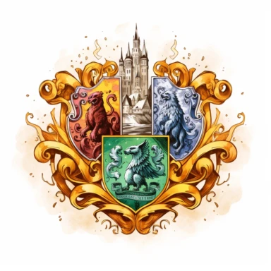 House Crests: Create cliparts showcasing the unique crests of Gryffindor, Hufflepuff, Ravenclaw, and Slytherin, allowing users to represent their chosen house watercolor illustration white background graphic art vector design high details harry potter style illustration