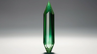 photo of a green elongated gemstone crystal on a white background with bright highlights on the edges, photorealism, studio lighting, clipart photo-realistic, ultra sharp, simplicity, higher coherence, minimalism, ultra detailed, hyper realistic details, beautiful, modern, OC rendered, 32k uhd , insane details, intricate details, Photoshoot, Depth of Field, captured with Phase One XF IQ4 camera , 200 Mega Pixel lens,