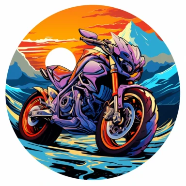 a sticker, Abstract graffiti artwork depicting a motorcycle, in a street art style, with vibrant colors and bold lines in digital painting style , beautiful flowers, sunrise mountains and clouds , big sea waves, water splashes, white background, colorful fantasy flower sorround, highly detailed clean, vector image, photorealistic masterpiece, professional photography, realistic, flat white background, isometric, vibrant vector, clipart, illustration, realism, 4k, , cinematic, front view, white b