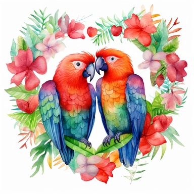 watercolor clipart, two red and green Eclectus Parrot Parrots in love with tropical gardens, sweet hearts around, watercolor sublimation design, Sublimation Clipart, hyper realistic, intricate detail, illustration style, isolated on white background for removing background, Super-Resolution, Megapixel