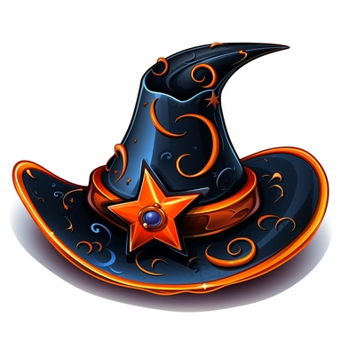 A witch hat. Black with an orange ribbon around the brim, star and moon decorations on a vibrant-colored brim. White background, vector, cartoon clipart, contour.