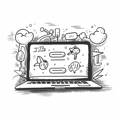 A laptop displaying a live chat window, symbolizing the use of modern communication tools and strategies to engage and convert website visitors into leads. high-contrast sketch,black and white, strong design elements, clipart
