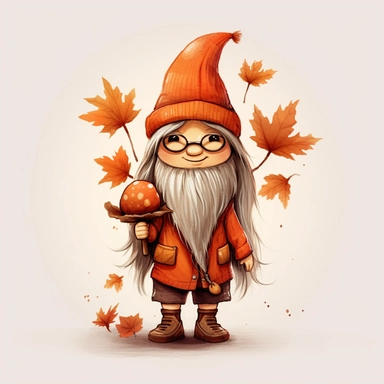 A delightful, hand-drawn clipart image of a friendly female gnome with no beard, dressed in a charming, orange ensemble, sporting a tall, orange pointy hat, and standing with a welcoming smile, pumpkins pinecones and fall leaves, presented on a transparen