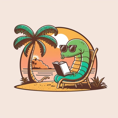 earthworm, with a glasses, reading book, relaxing sit in the chair, under a umbrella on the beach, in island of hawaii with palm tree, sunset, flat pastel colors, white background, vector simple, clipart, cartoon style, for t-shirt stamp