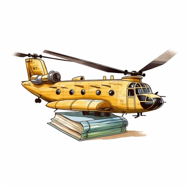 chinook helicopter carrying a large ammount of books underneath it clipart style