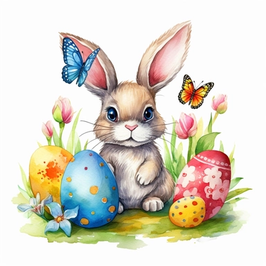 clipart, isolated on white background, Watercolor bunny and batterflies and colorful eggs, easter style, detailed, flowers, ornated, vivid and vibrant and saturated colors