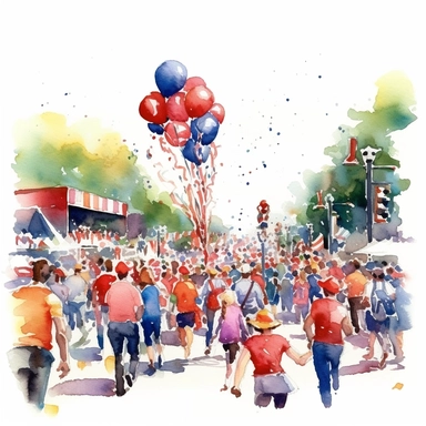 A watercolor clip-art depicting a festive parade on a white background, with marching bands, flags, and balloons. The vibrant colors and dynamic brushwork capture the energy and spirit of community celebrations on the 4th of July.