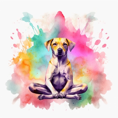 cute dog doing yoga exercise, neon colours yoga lotus flowers background, yoga design, yoga art watercolour clip art