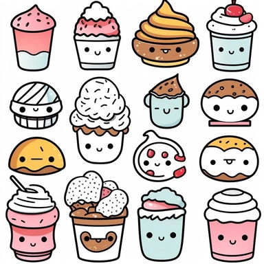 vector line art, Kawaii desserts clipart set - kawaii food - cute food - cakes - cupcake - donut - ice cream - pancake - croissant - cookie - nutella - Nursery clipart, black and white line art