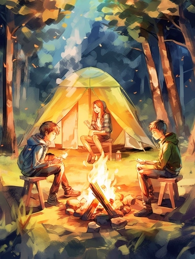 create a hand drawn watercolor clipart depicting campfire surrounded by tent, camping gear, and people enjoying the warmth of the fire, 4k,
