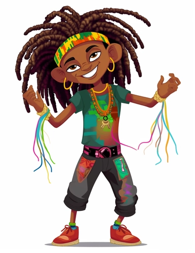 cute cool smiling black boy with wild colorful dreadlocks, dancing, chibi style, jewelry, hip hop clothing, hands in pocket, clipart, whole body, white background,