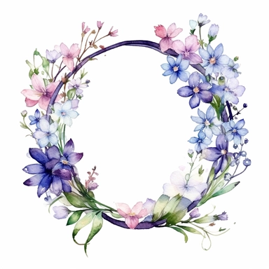 watercolor clipart of a empty suttle dainty floral circle frame surrounded by spring flowers. Capture the essence of blooming beauty and intricate details in your artwork, white background