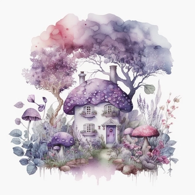 Watercolour light purple Magic Mystical Mushroom clipart with white background cottage surrounded by fruits and front garden, with purple buttlerflys