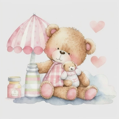 an ultra Cute little baby teddy bear wearing pink striped pyjamas romper with a pink baby bottle and pacifier sitting on a pink fluffy rug, watercolour, cute,, isolated on white background, Clipart