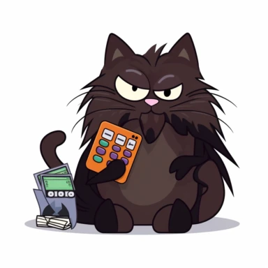 Long-haired black/brown cat holding a calculator and dollar bills, in the style of microsoft word clip-art