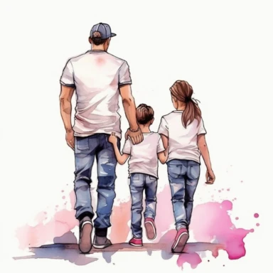 behind view, Dad and daughters Clipart, watercolor Illustration clipart, 4K, extremely detailed
