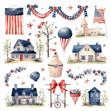 watercolor 4th of july patriotic decorations, illustrations clipart set, simple, , cartoon elements , bunting, ribbon elements, door wreaths, different variants , separate elements with a margin