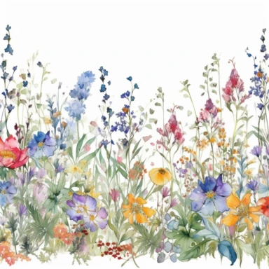 A captivating watercolor floral border clipart, replete with a riot of wildflowers, comes alive against a pristine white background, reminiscent of the loose, expressive style of English artist Helen Wells. The border is a garden of delicate blooms in a symphony of colors, its undulating pattern adding an air of romance, perfect for a wedding theme. The color temperature is a mix of warm and cool tones, echoing the diverse colors of wildflowers. No facial expressions are present, yet each flower