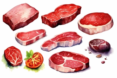 Watercolor, Beef, Meat and poultry, clipart, hd, on a white background, spaced out