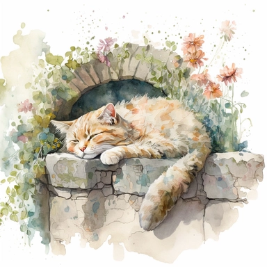 A cat napping on an ancient stone wall, surrounded by climbing ivy and blooming flowers, watercolor by Mary Whyte, clipart, solid background.--q 2 niji 5