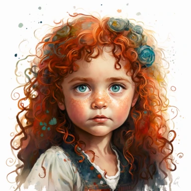 boho little girl, big eyes, Merida,centered, portrait, pose, very detailed and realistic, watercolor, clipart style