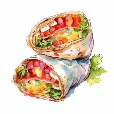 Vegetarian burrito, Watercolor style, Clipart,on white background with margins