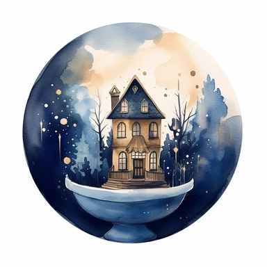 create a cute aesthetic crystal ball with a tiny home inside, clipart, brush made, watercolour, very minimalist, dark blue and brown shades, gold foiled,