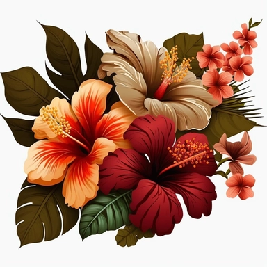 floral accents, blooming flowers like hibiscus, orchids, and plumeria. Use coral and brown colors to make them look vibrant and fresh. clipart