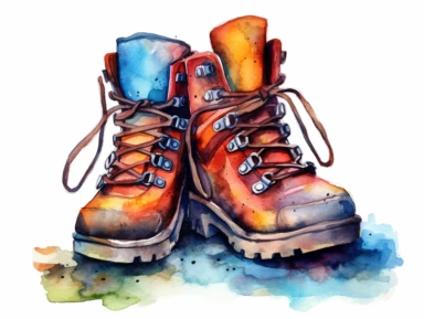 Watercolor clip art on white background, hiking boot, Clipart, high-resolution image with vibrant and true-to-life colors, isolated
