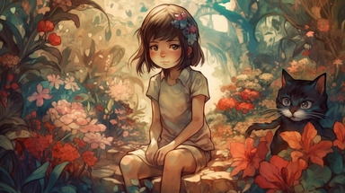 detailed image of a fantasy sad girl in a flowery garden accompanied by only one cat, we see a young boy in the background, full body, children illustration, cartoon, clipart, mascot