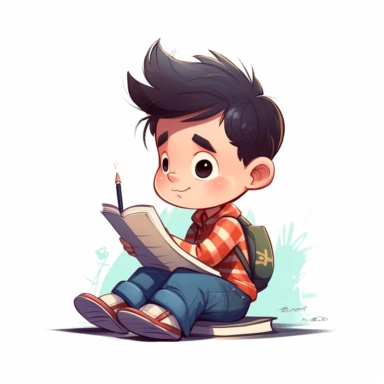 Little boy character sitting and writing in a notebook, no background, kids style, 2D, vector, good quality, Pixar children's book illustration, vector, cartoon character, hand drawing, clipart