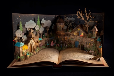 a open hard cover book of adventures on a wooden desk, with the clipart pictures of the stories inside hovering above it, against a black background,