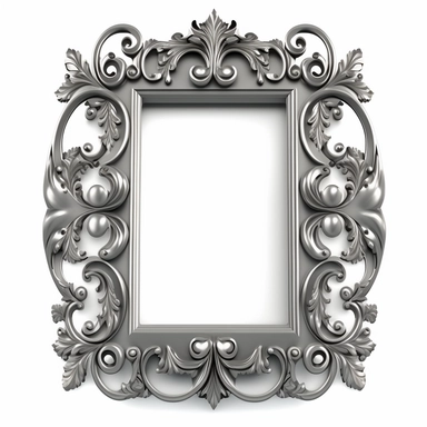 A single vintage silver frame clipart with a glossy, reflective finish and a rounded rectangular shape. The intricate details of the frame are highlighted by the shine of the silver, creating a modern and sleek look. The background is a soft gray with a subtle texture, adding depth and dimension to the design. [1], [2], [3], [4], photography, Close-up macro photography with a wide-angle lens, creating a shallow depth of field and emphasizing the intricate details of the frame. Shot on a Canon EO