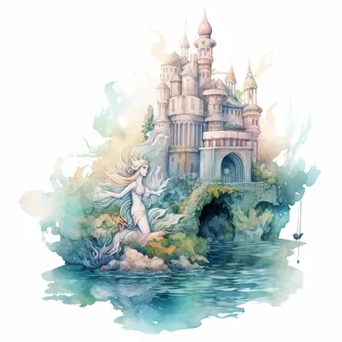 Detailed Watercolor dreamy mermaid in the front of Atlantis kingdom clipart
