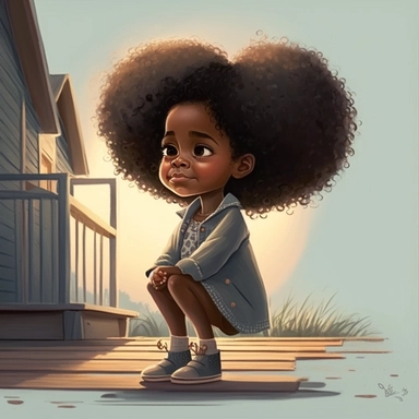 pixar illustration of Harper sitting down at a dock in Sag Harbor town , An illustration of fiver year old light skin happy black girl with curly afro, siiting at the dock in sag harbor ,sittin looking out onto the harbor , whale wacthing ,from the community's stunning Sunset Beach, east hampton , summer vaction, beach town , summer days , muted tones , shy warm heart , pixar , hyper detailed , smooth skin realistic animated — Happy Black Girl Smiling art,black girlsclipart, Funny black girl , C