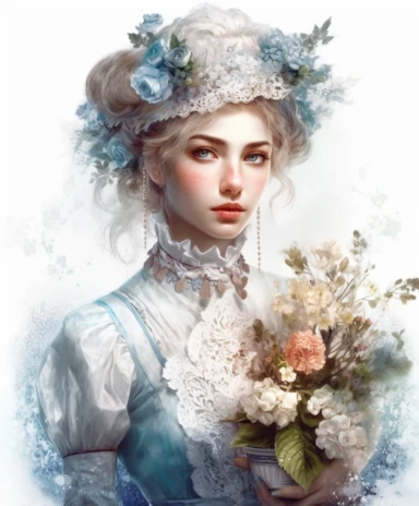 watercolor mixed media portrait of a beautiful and feminine Sugarpunk cook in the clothes of a cook, decorated with forget-me-nots and summer flowers and magic crystals, lace and embroidery, masterpiece by Edouard Bisson style and by Tom Bagshaw style and Hans Zatzka style and Vladimir Kush style, Edwardian fashion, PNG clipart, isolated on white, extreme photorealistic details, 32k HD resolution, realistic high detailization high resolution