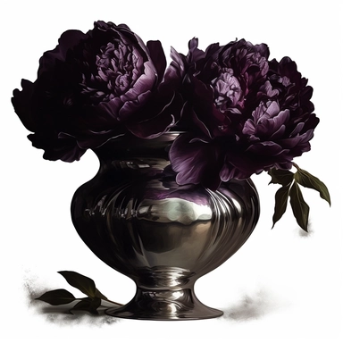 gothic dark peonies in metallic vase, painting, dark fantasy, clipart, digital art techniques, hyper-realistic oil, eerie compositions, white background