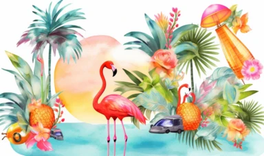 tropical summer watercolour clipart pack, in the style of playful, aqua hot pink sunset hues, poolcore, iso 200, oversized objects, uhd image, konica auto s3