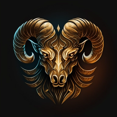 ram head logo clipart, flat logo, clipart logo, crystal style, ram head, angry glowing eyes, sharp shapes, futuristic, big horns, heraldic, logotype, clipart, golden, gold material, front, detailed, dark background, golden chrome, exiting