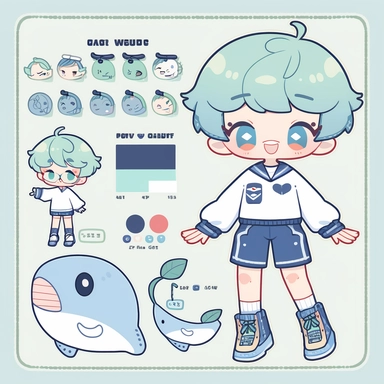 character sheet,knoling,clipart,belongings catalog, cute chibi character, long pale blue-green hair, long bangs, blue-green eyes, flat chest, beautiful young boy, sailor, blue shorts, dark blue socks, whale, cream soda, sandwich